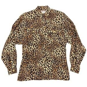 Vintage 90's Maggy London Leopard Print 100% Silk Button Blouse Shirt Size 6
